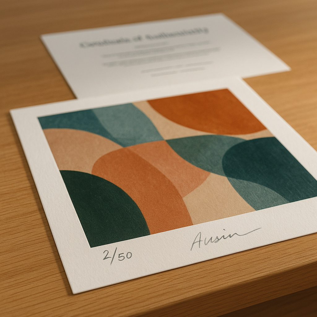 Close-up of a hand-signed limited edition art print with visible numbering